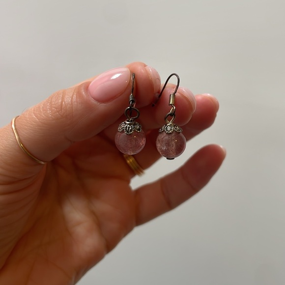 Sterling Silver Strawberry Quartz Dangle Earrings - Picture 2 of 8